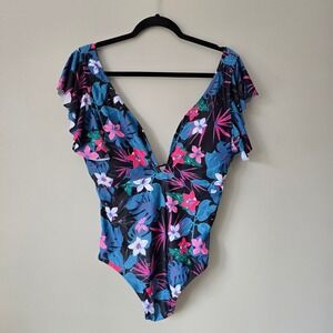 Binlowis Tropical Floral V Neck Ruffle Sleeve One Piece Swimsuit XL